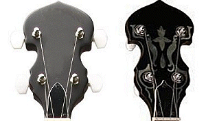 These Washburn banjo heads illustrate the difference between the tuning pegs on the bottom- and top-of-the-line banjos.